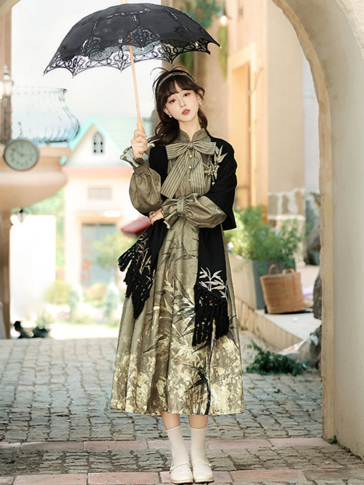[ Gilded Bamboo Shadows ] Han-inspired Cape & Dress Ensemble