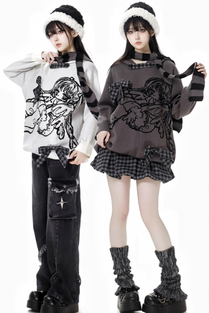 Asian-style Angel Academy Design Hooded Sweater / Plaid Skirt / Scarf