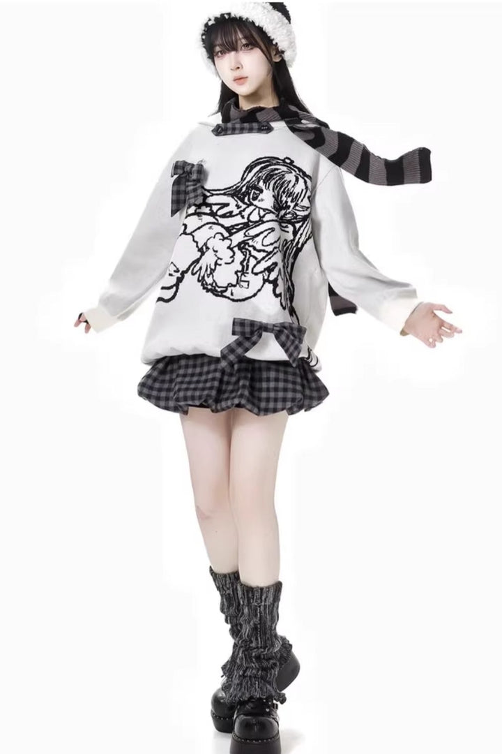 Asian-style Angel Academy Design Hooded Sweater / Plaid Skirt / Scarf