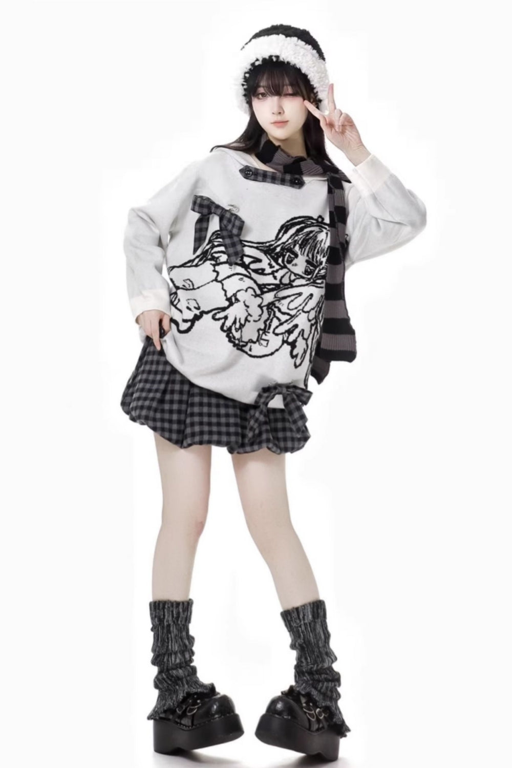 Asian-style Angel Academy Design Hooded Sweater / Plaid Skirt / Scarf