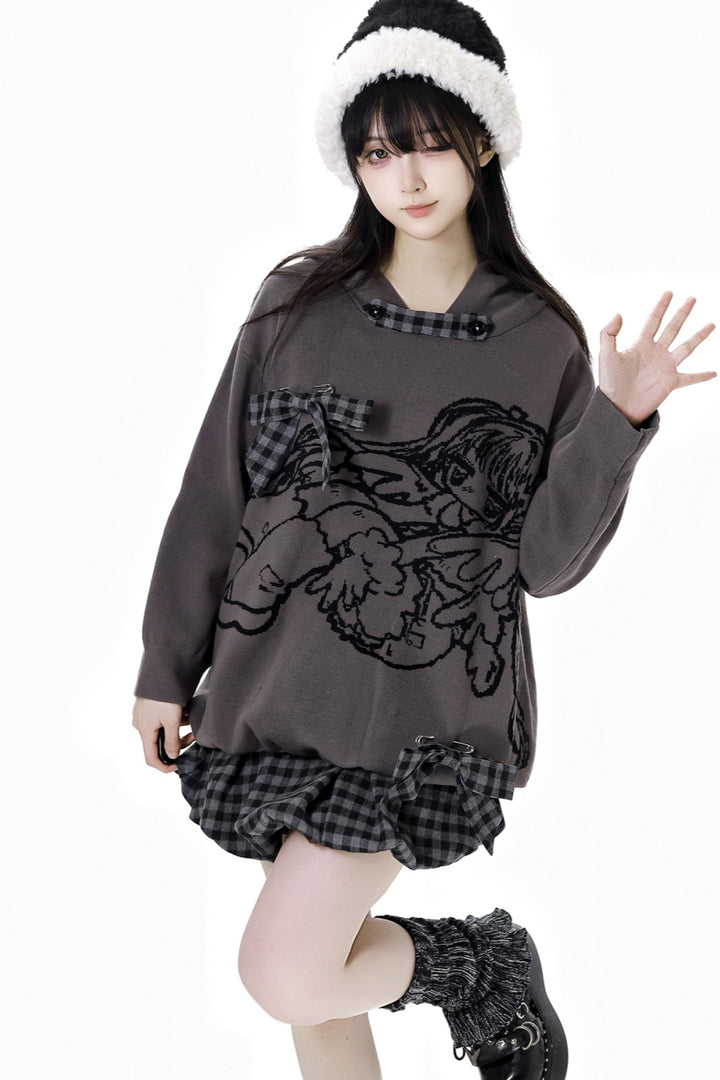 Asian-style Angel Academy Design Hooded Sweater / Plaid Skirt / Scarf