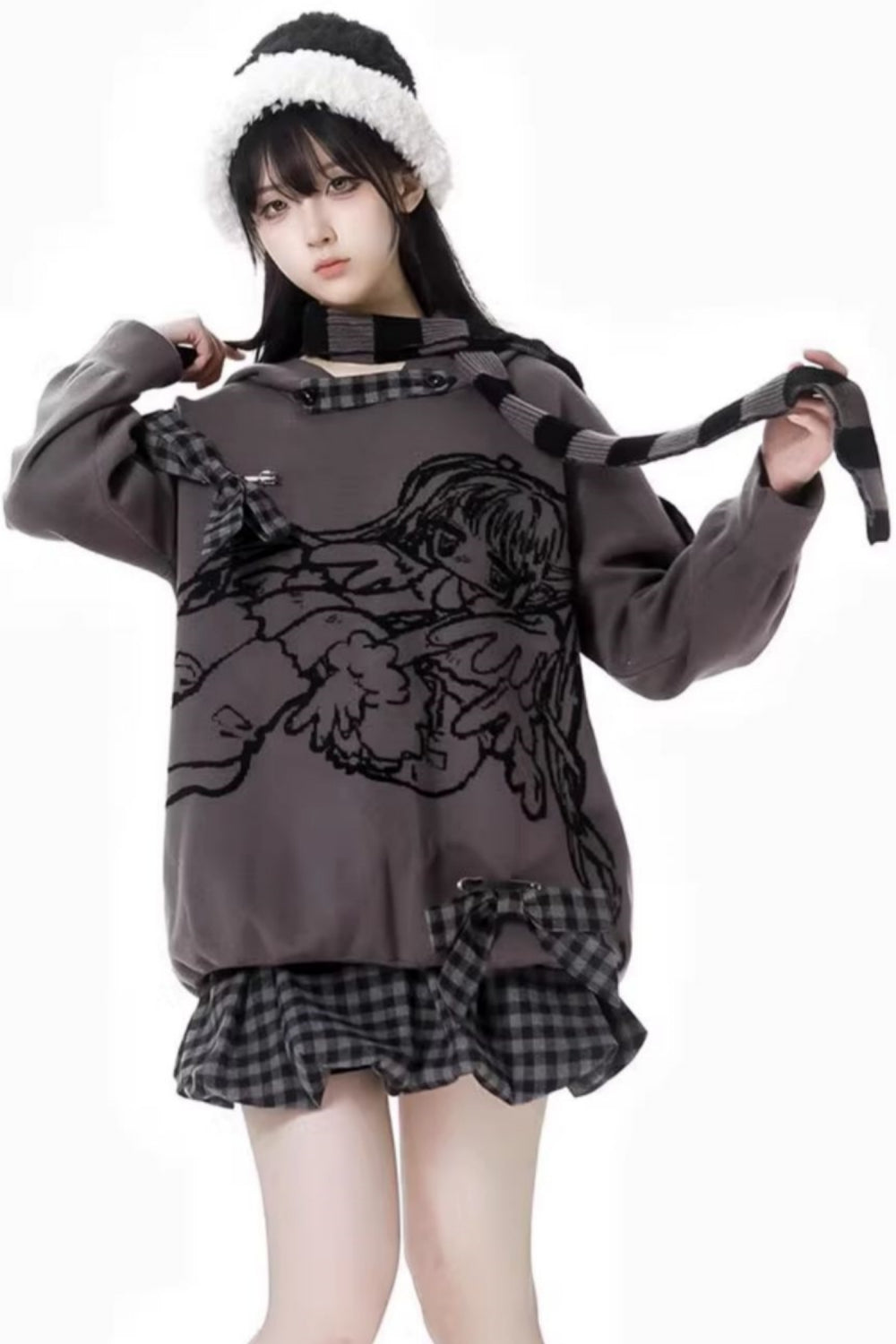 Asian-style Angel Academy Design Hooded Sweater / Plaid Skirt / Scarf