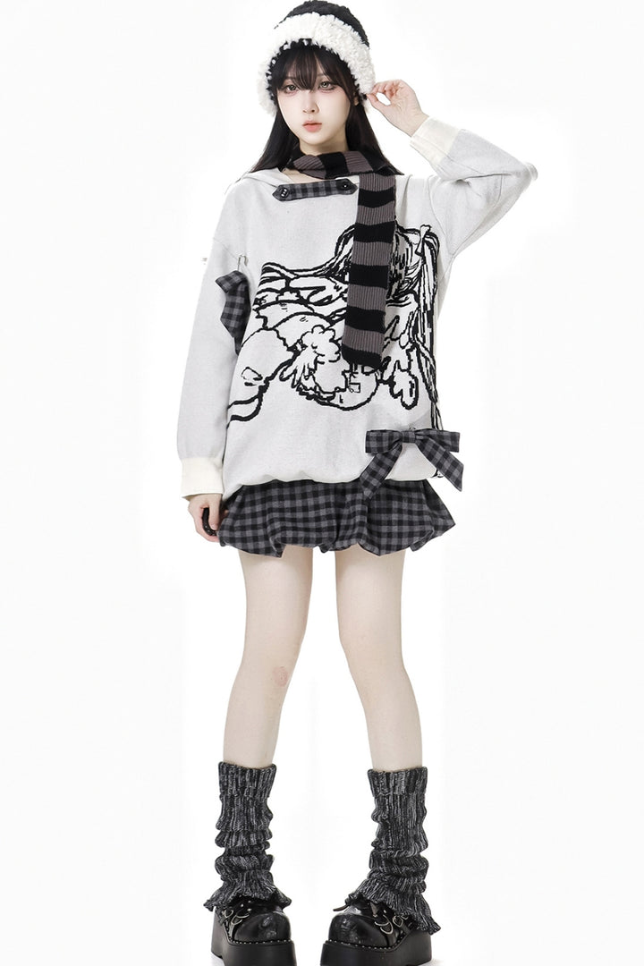 Asian-style Angel Academy Design Hooded Sweater / Plaid Skirt / Scarf