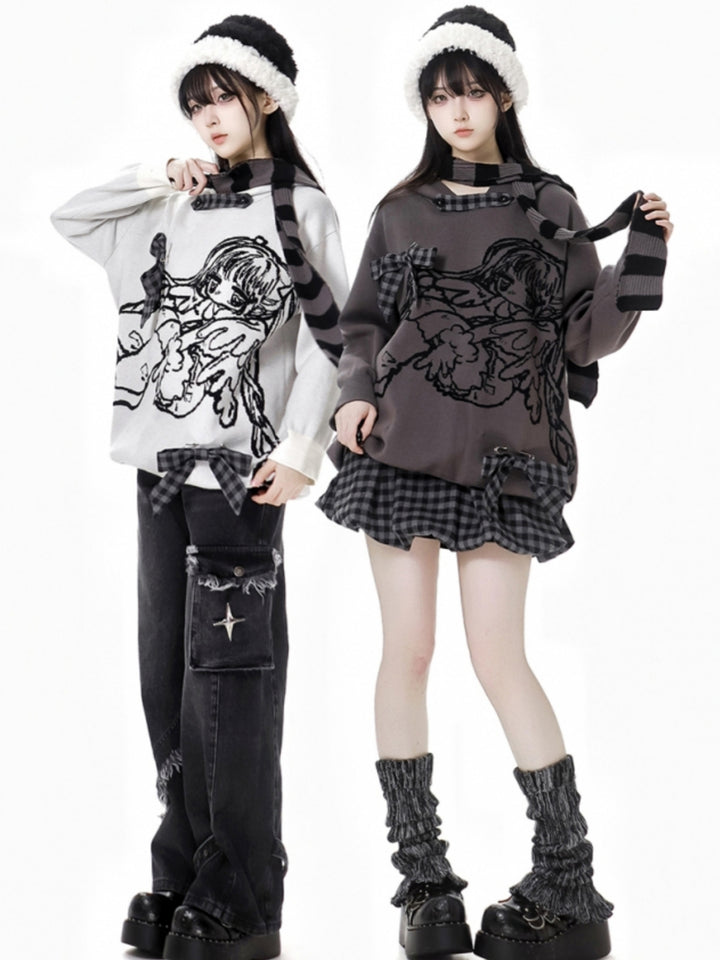 Asian-style Angel Academy Design Hooded Sweater / Plaid Skirt / Scarf