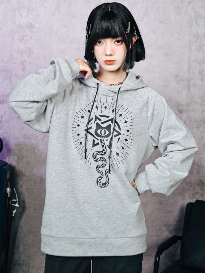 Gray Cat and Snake Print Hoodie