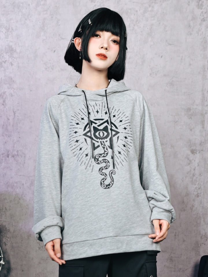 Gray Cat and Snake Print Hoodie