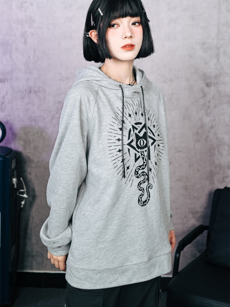 Gray Cat and Snake Print Hoodie