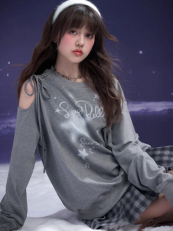 Gray Off-Shoulder Tie Tee