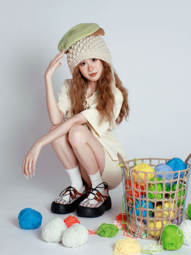 Checkered Lace-Up Design Patchwork Platform Shoes