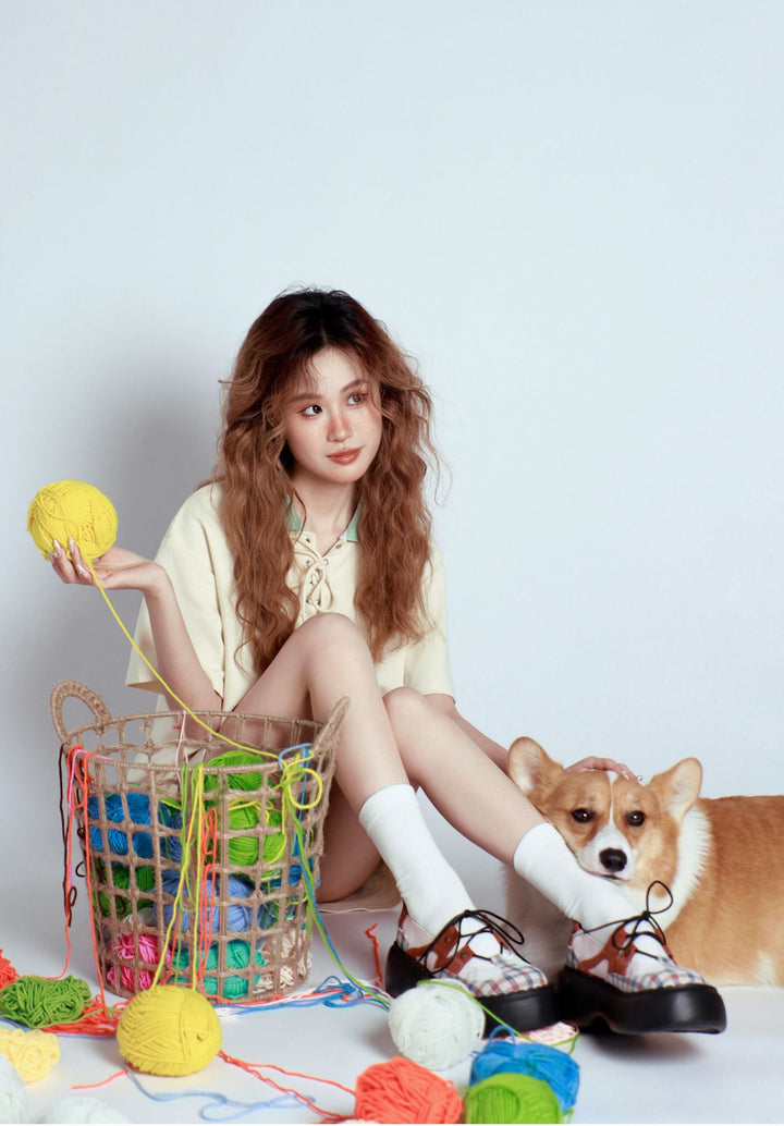 Checkered Lace-Up Design Patchwork Platform Shoes