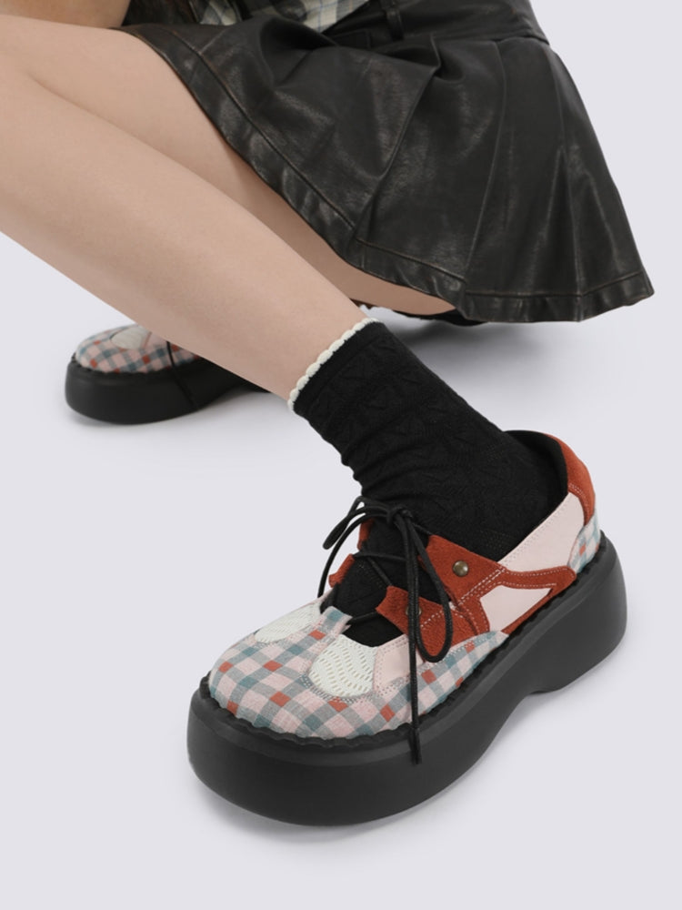 Checkered Lace-Up Design Patchwork Platform Shoes