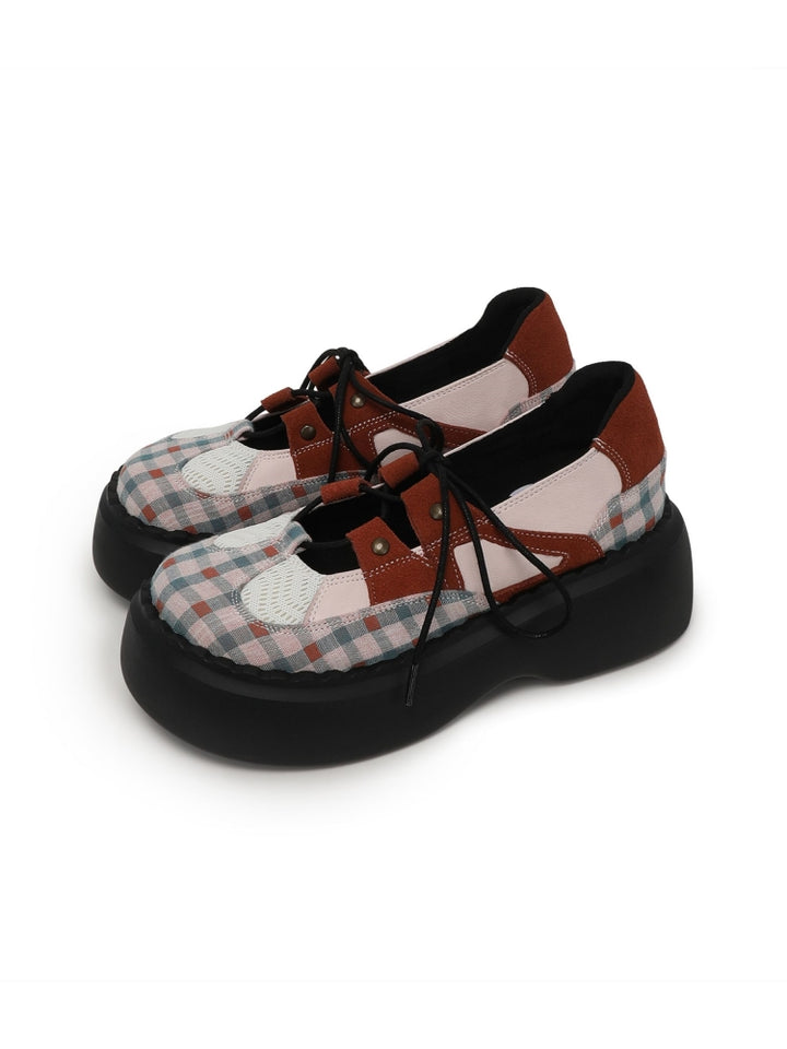 Checkered Lace-Up Design Patchwork Platform Shoes
