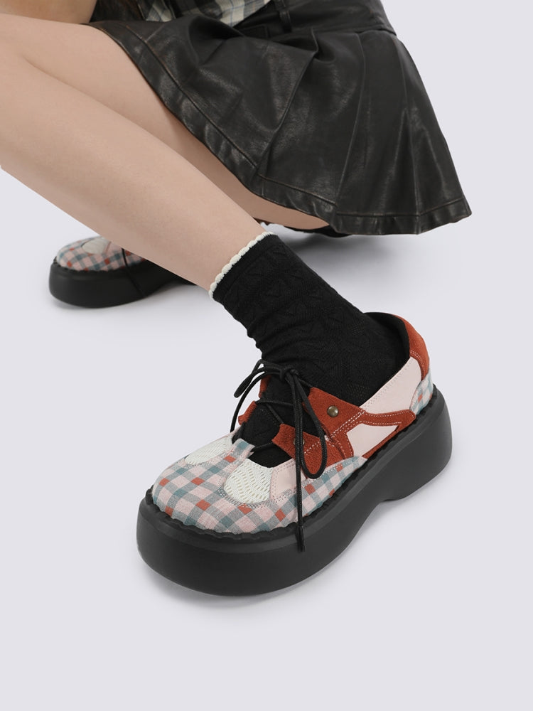 Checkered Lace-Up Design Patchwork Platform Shoes