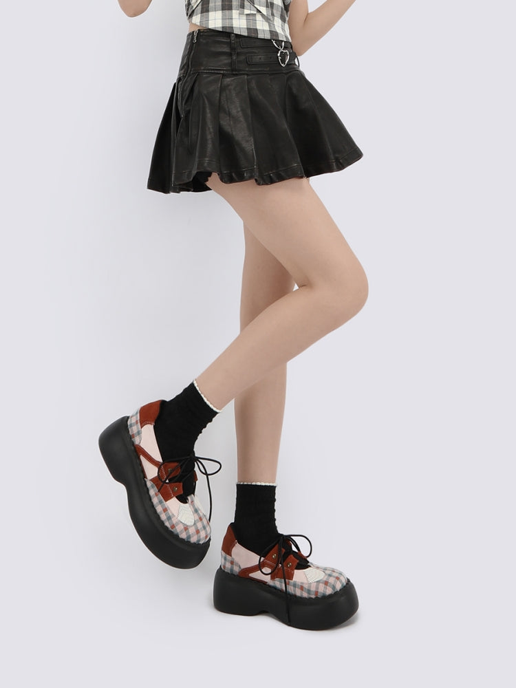 Checkered Lace-Up Design Patchwork Platform Shoes