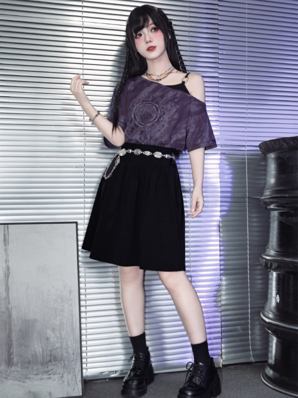 Wide Waistband Pleated A-Line Skirt