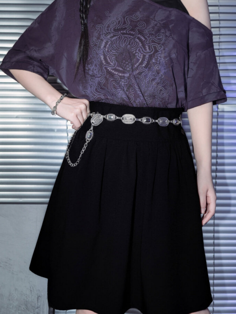 Wide Waistband Pleated A-Line Skirt