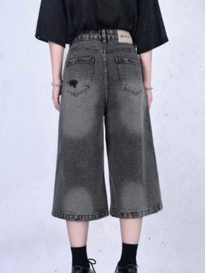 Distressed Wide Leg Denim Shorts