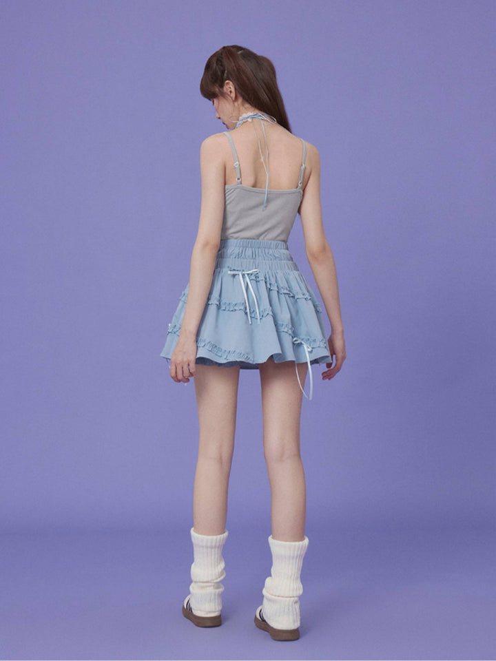 Dainty Ribbon Blue Tiered Ruffle Skirt