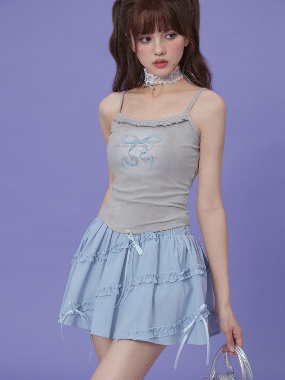 Dainty Ribbon Blue Tiered Ruffle Skirt