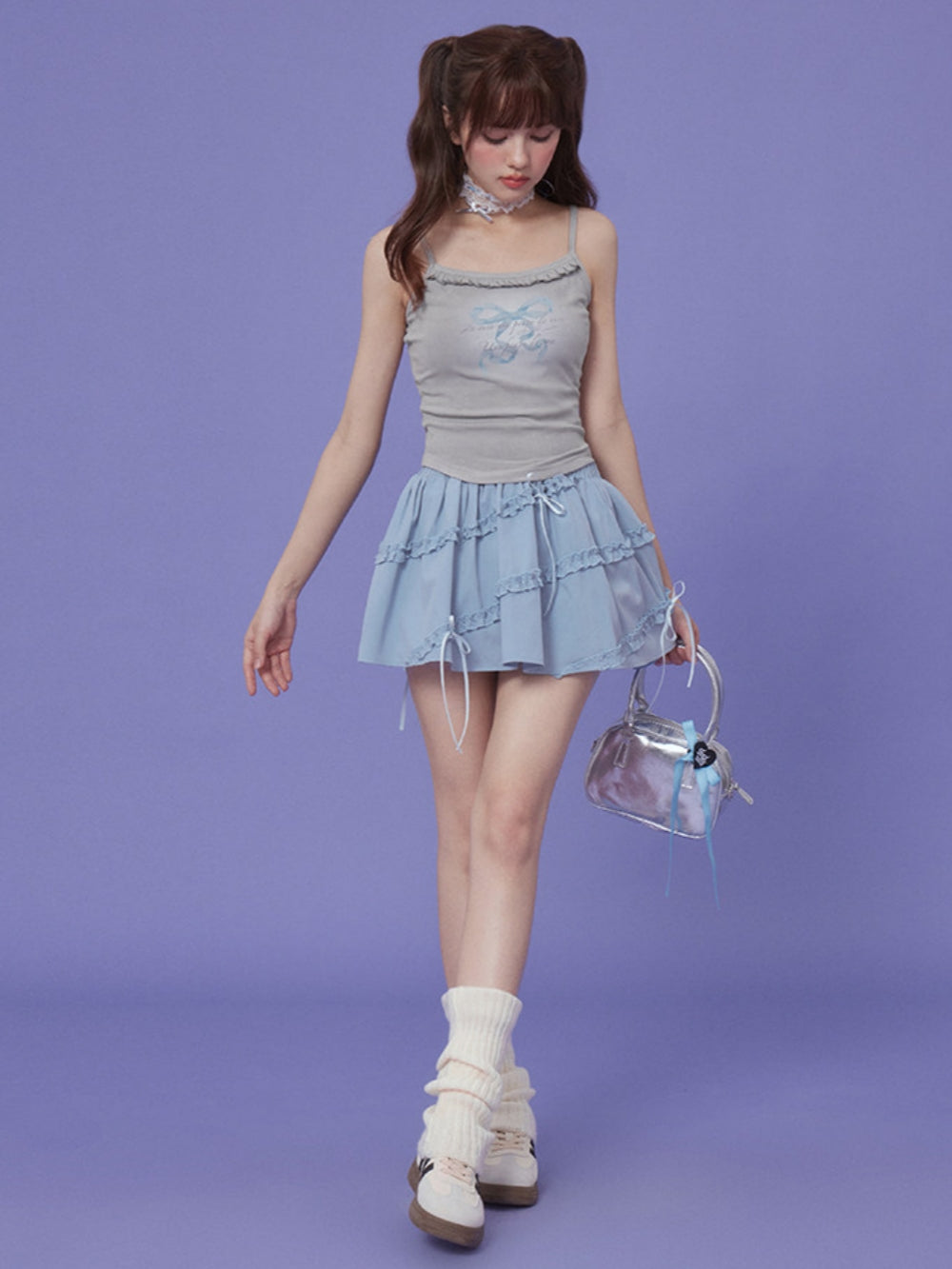 Dainty Ribbon Blue Tiered Ruffle Skirt
