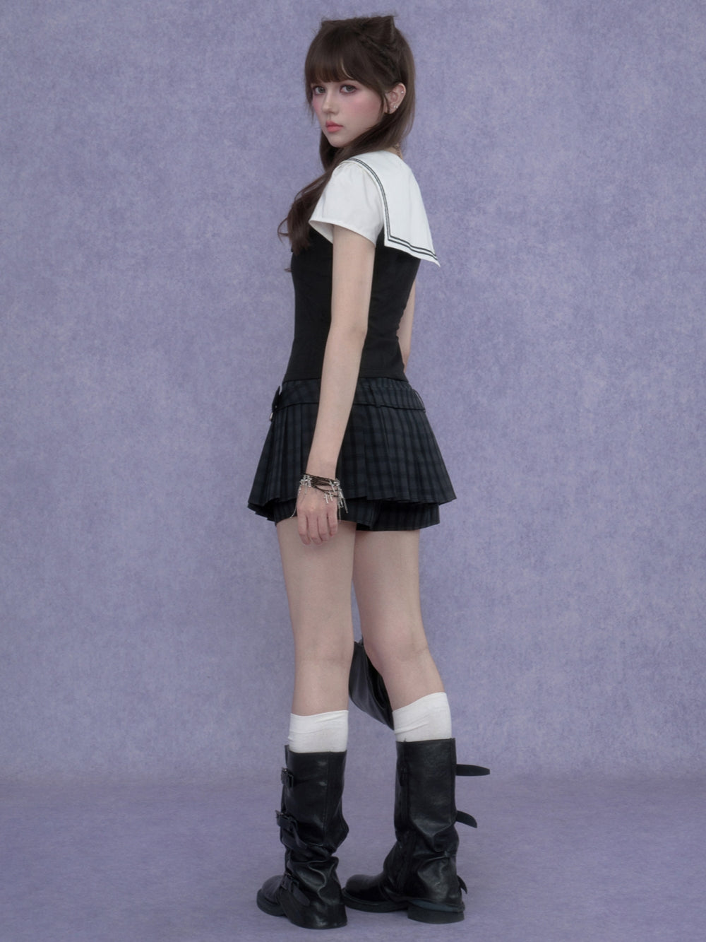 Layered Sailor Collar Top Plaid Skort