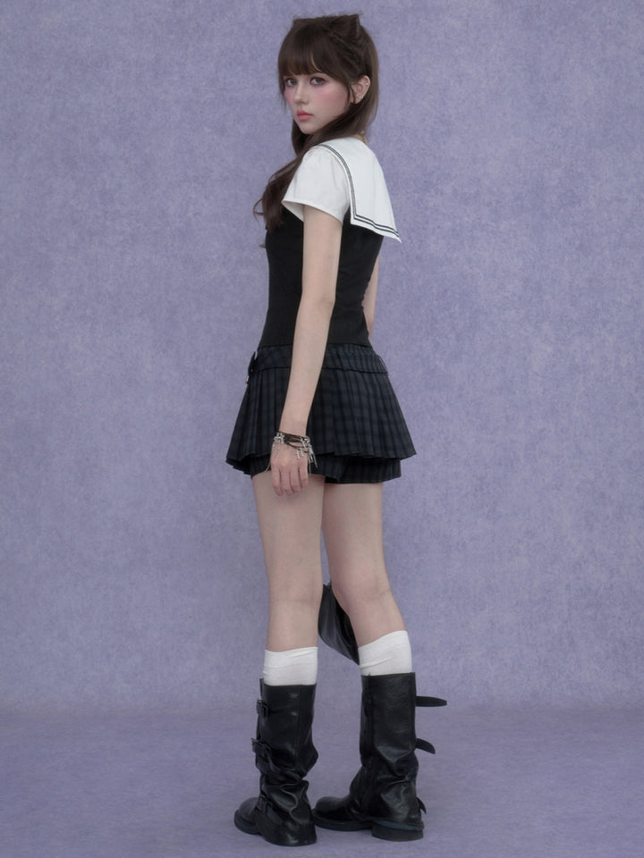 Layered Sailor Collar Top Plaid Skort