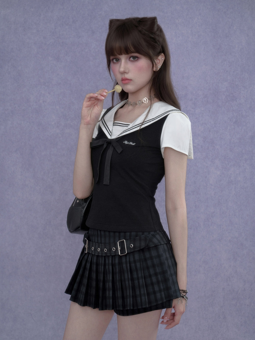 Layered Sailor Collar Top Plaid Skort