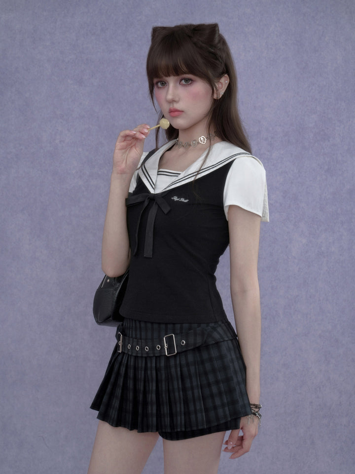 Layered Sailor Collar Top Plaid Skort