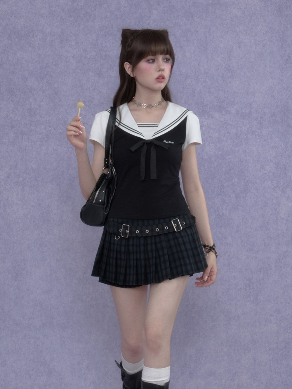 Layered Sailor Collar Top Plaid Skort