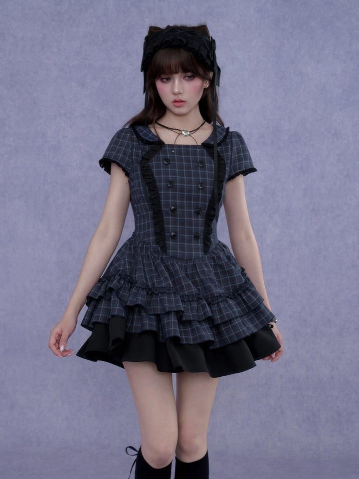 Double Breasted Plaid Ruffle Dress