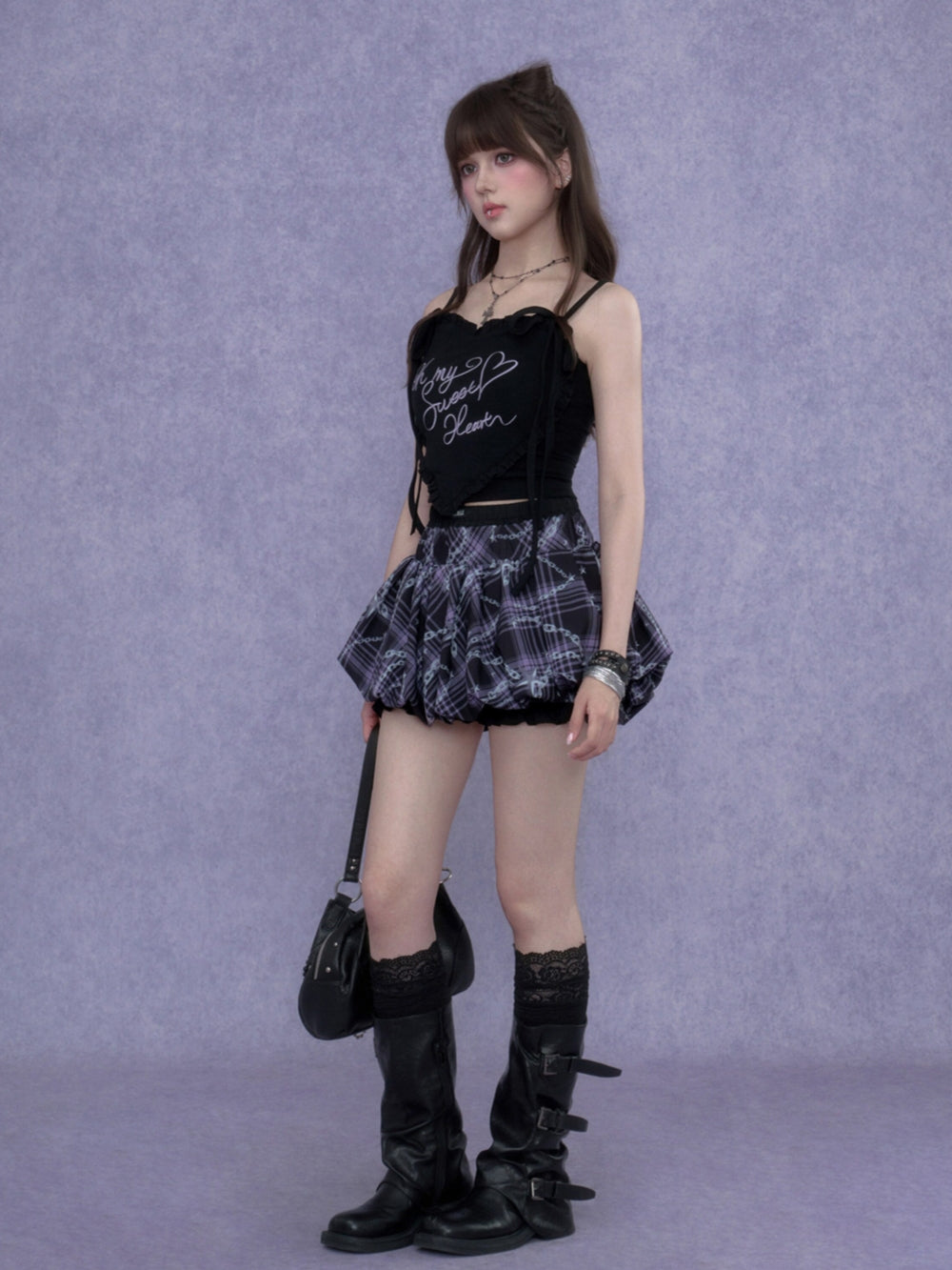 Dark Coquette Purple Plaid Ruffled Skirt