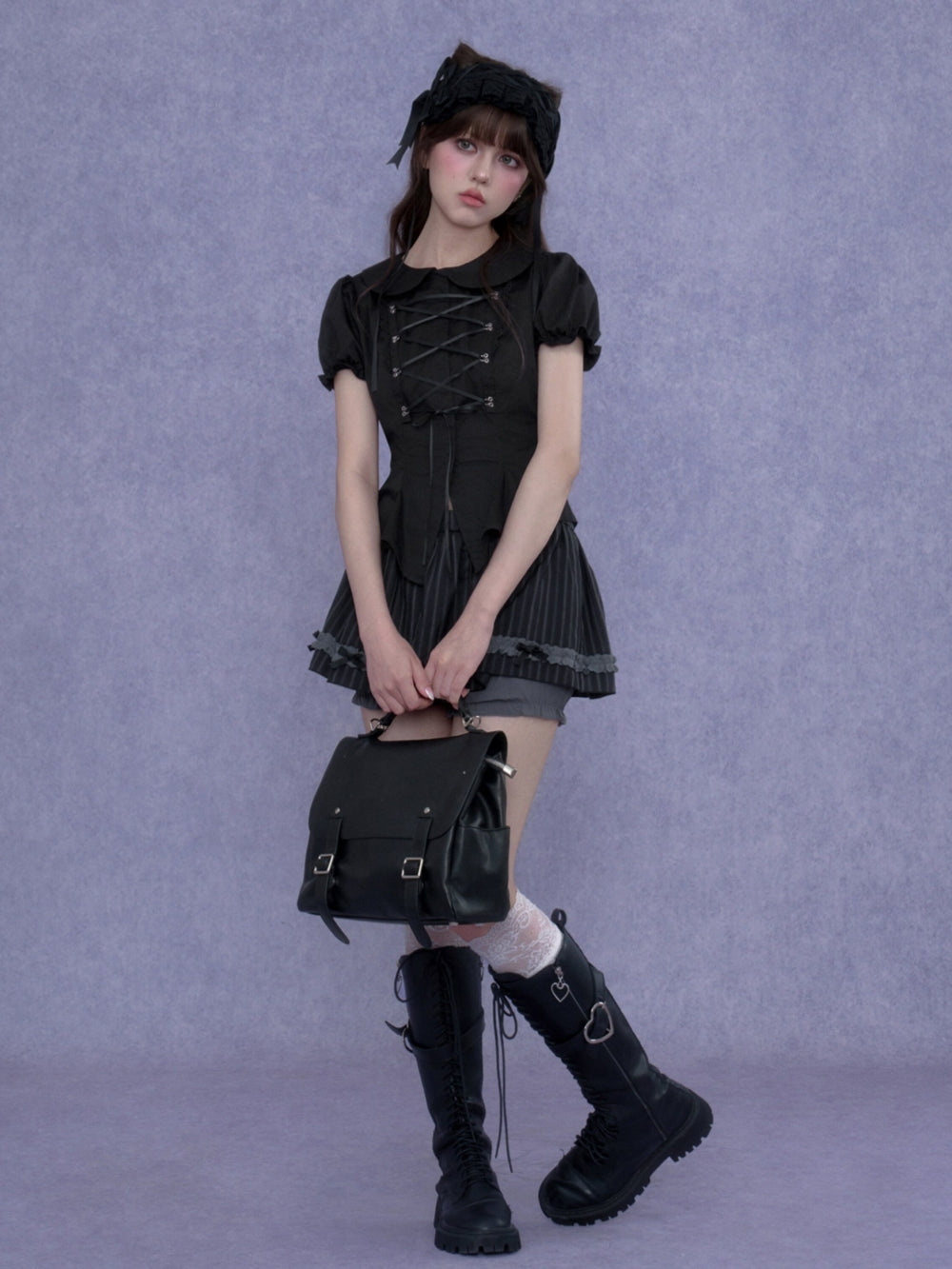 Goth Coquette Lace Up Ruffled Top Skirt