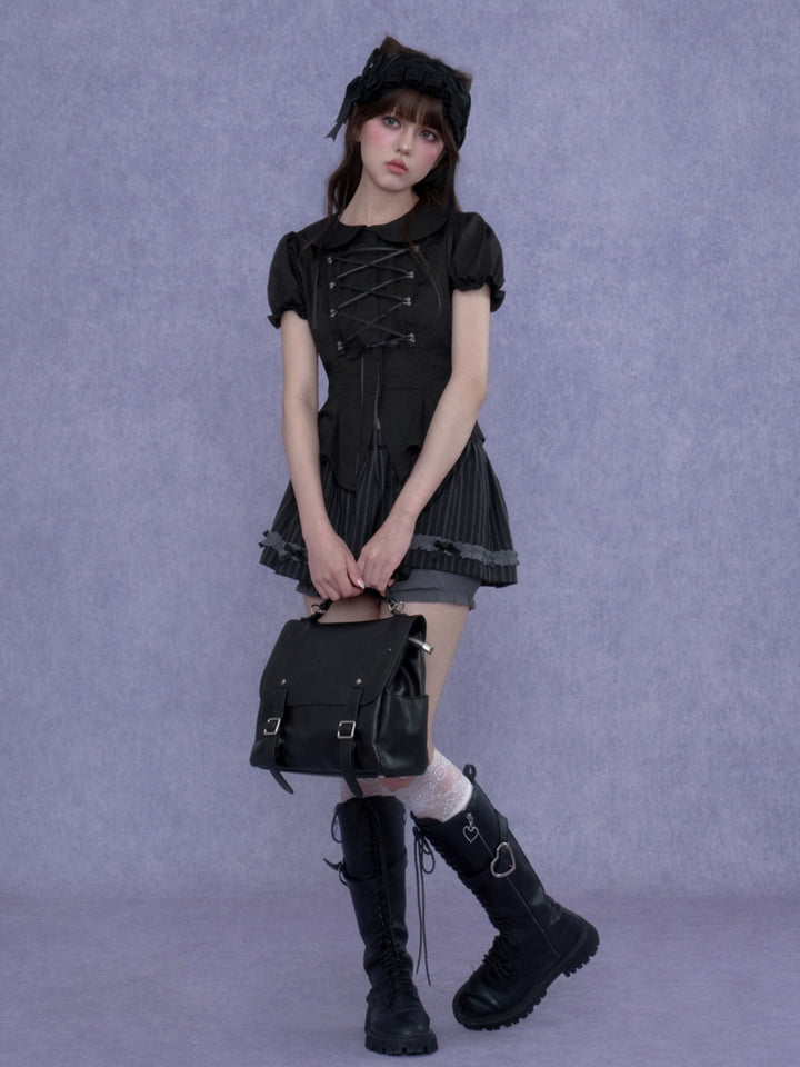 Goth Coquette Lace Up Ruffled Top Skirt
