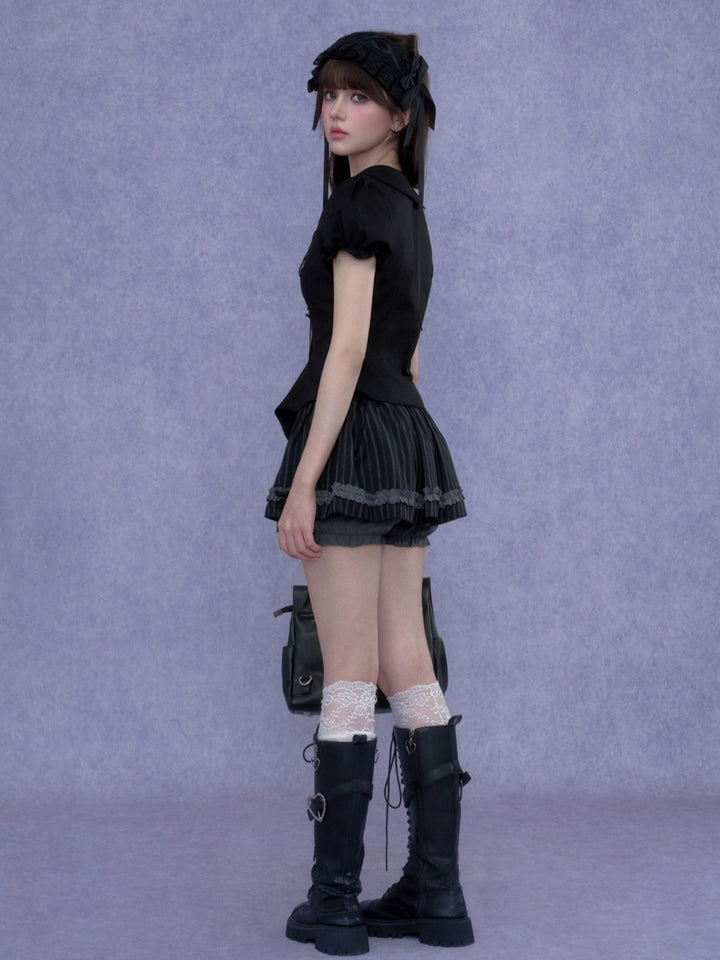 Goth Coquette Lace Up Ruffled Top Skirt