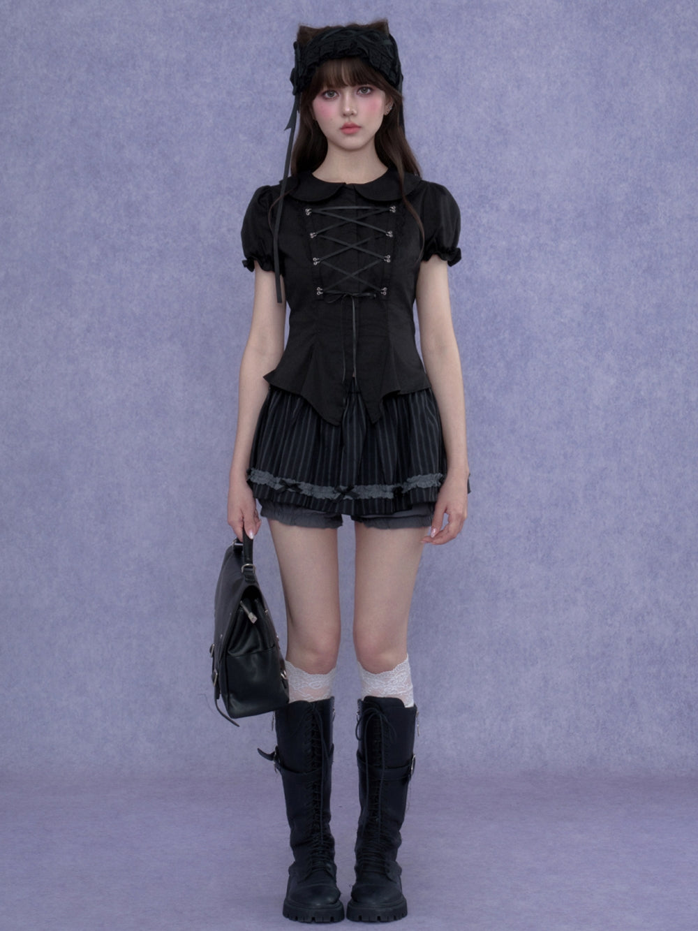 Goth Coquette Lace Up Ruffled Top Skirt