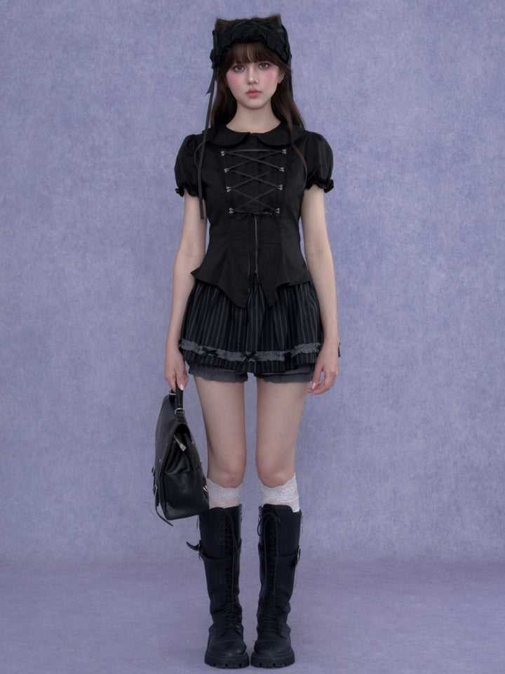 Goth Coquette Lace Up Ruffled Top Skirt