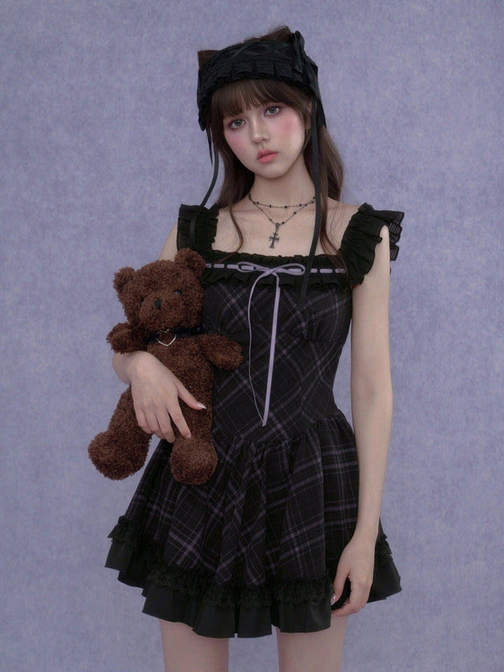 Dark Plaid Ruffle Lace Coquette Dress