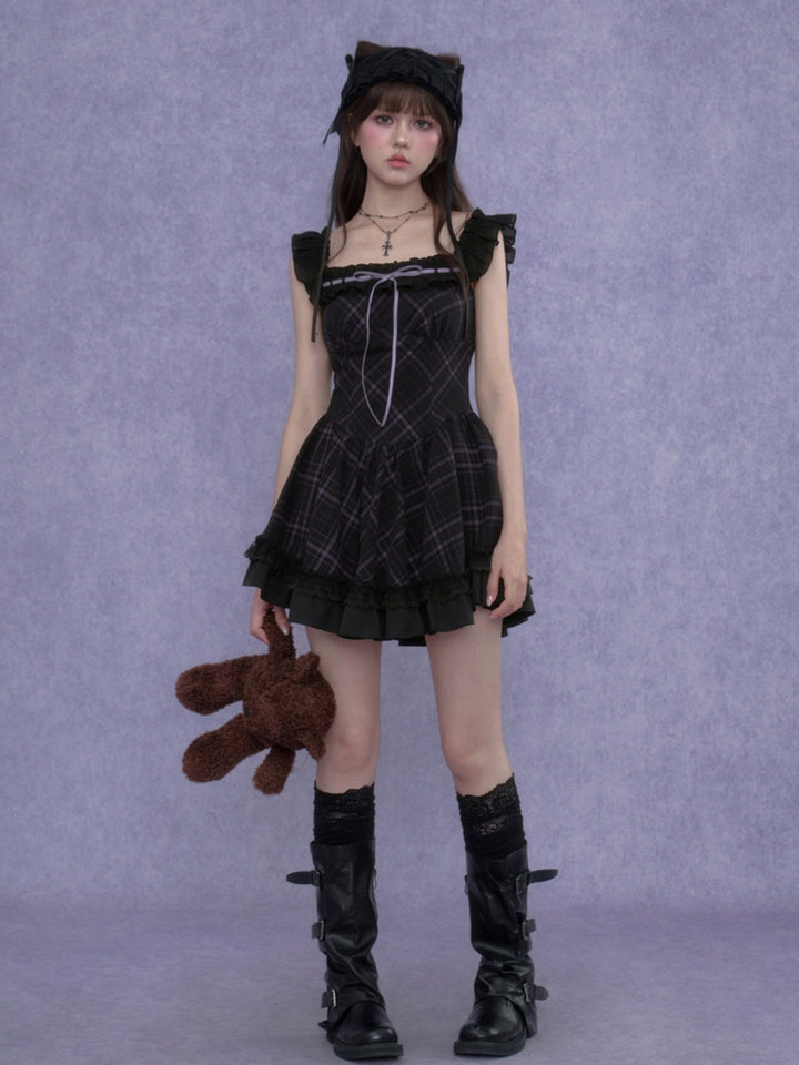 Dark Plaid Ruffle Lace Coquette Dress