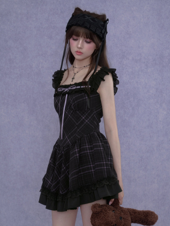 Dark Plaid Ruffle Lace Coquette Dress