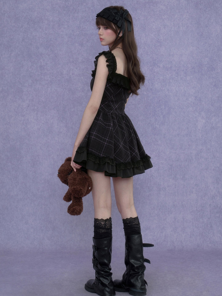 Dark Plaid Ruffle Lace Coquette Dress