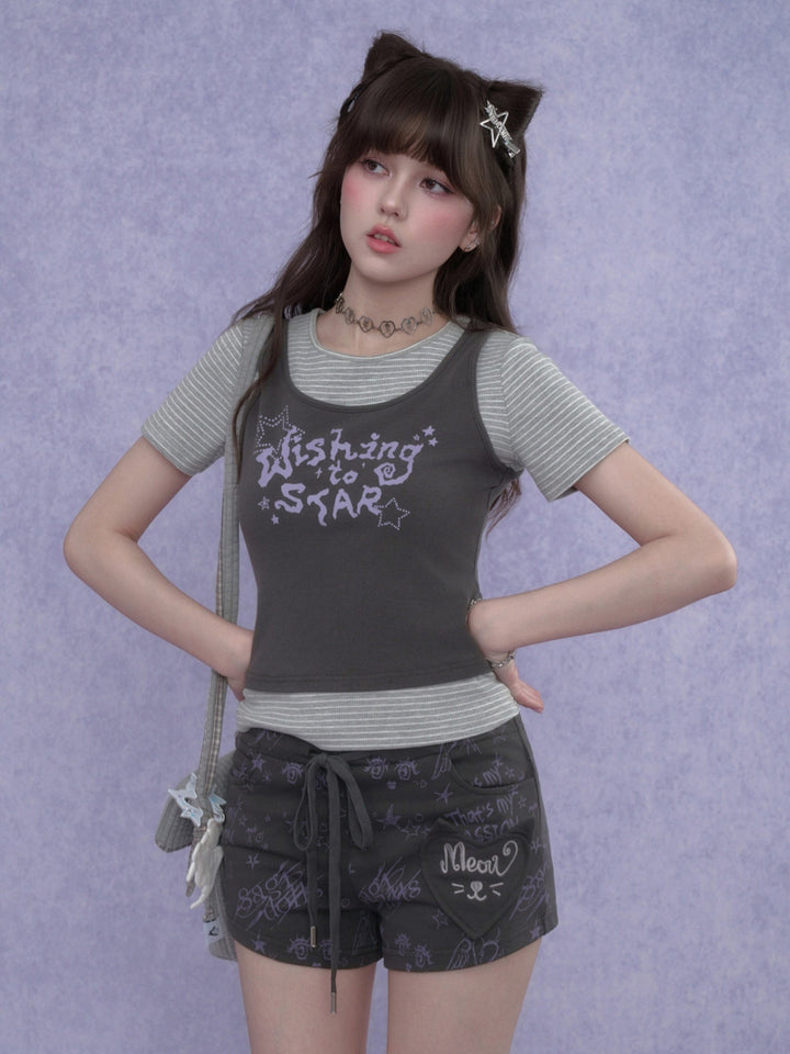 Doodle Print Cat Pocket Shorts
