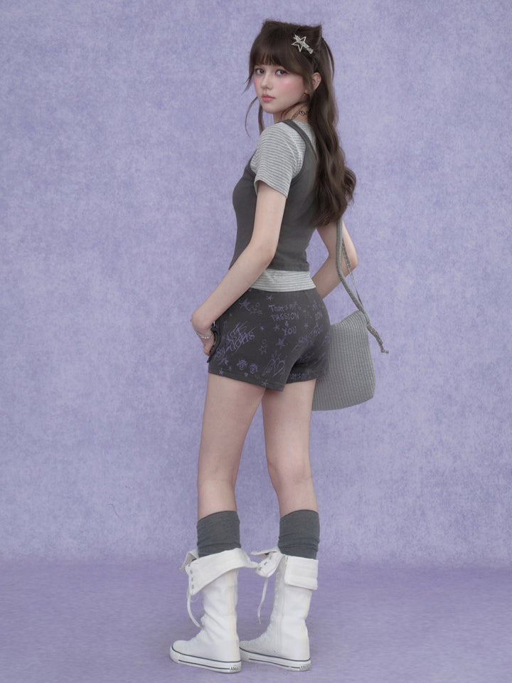 Doodle Print Cat Pocket Shorts