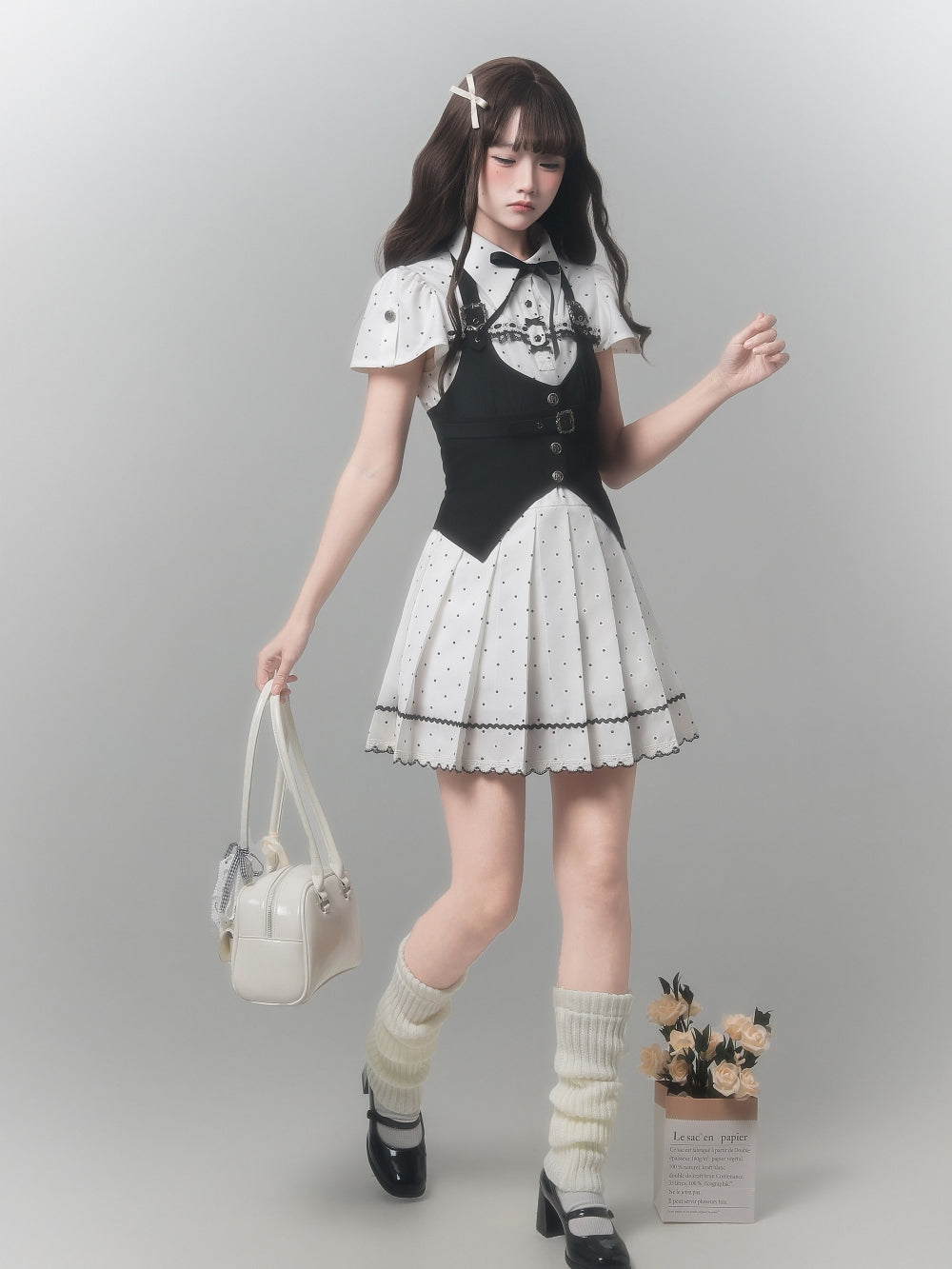 Kawaii Polka Dot Pleated Dress with Black Vest