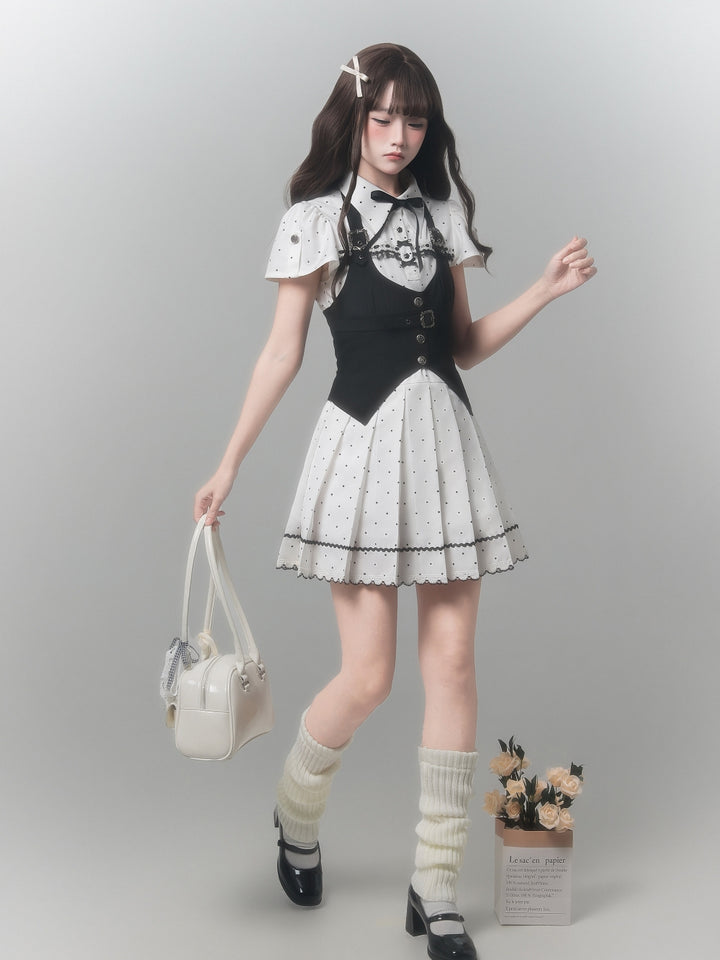 Kawaii Polka Dot Pleated Dress with Black Vest
