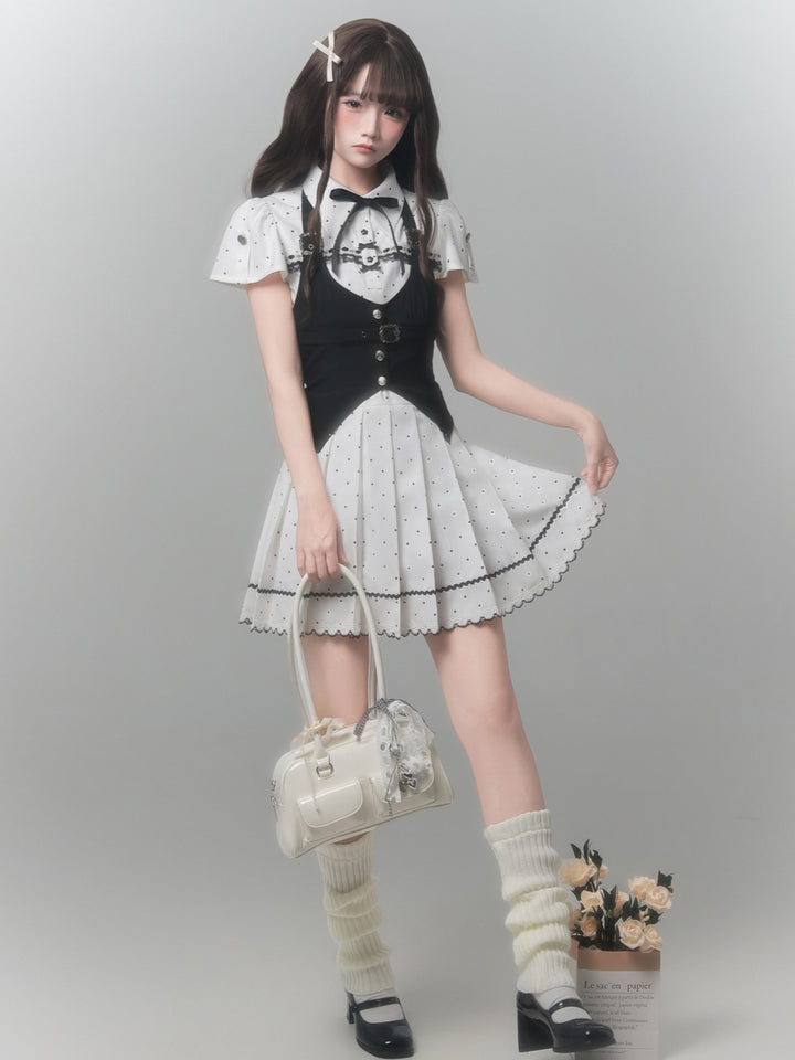 Kawaii Polka Dot Pleated Dress with Black Vest