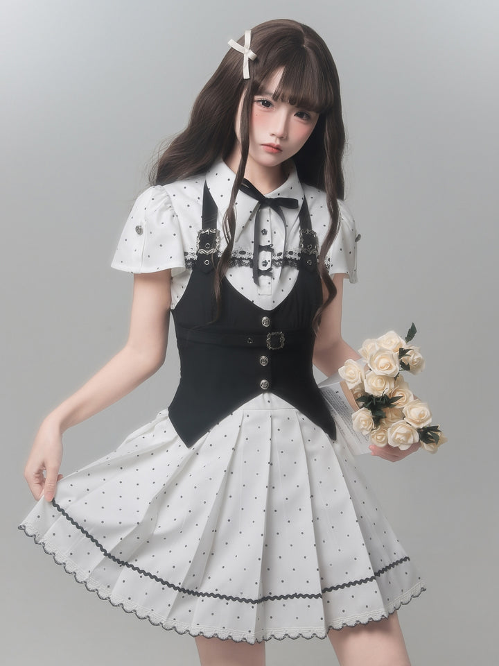 Kawaii Polka Dot Pleated Dress with Black Vest