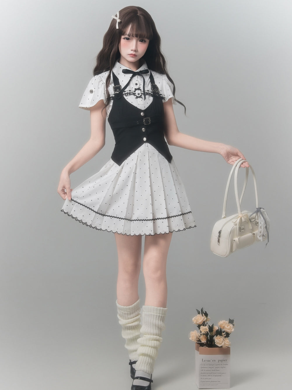 Kawaii Polka Dot Pleated Dress with Black Vest
