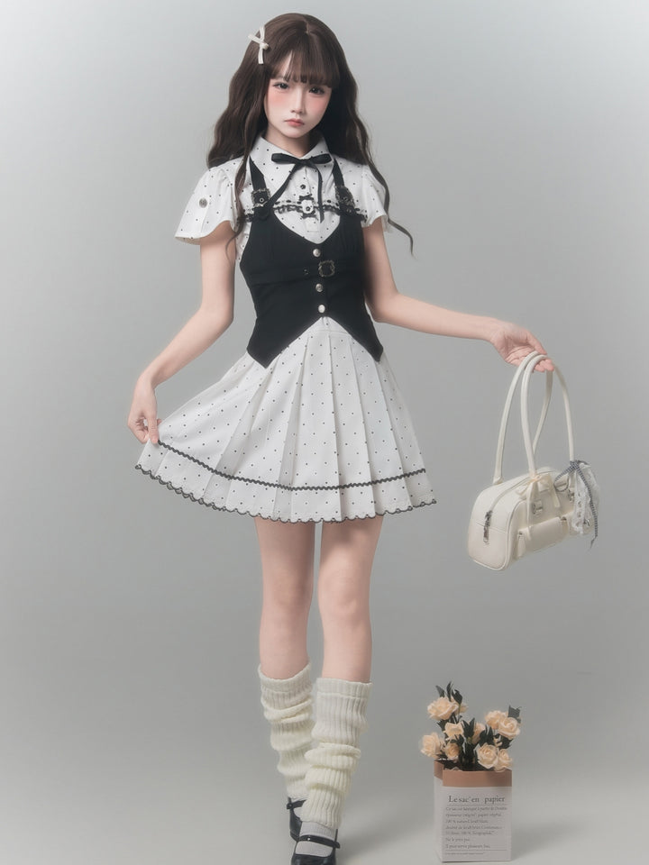 Kawaii Polka Dot Pleated Dress with Black Vest