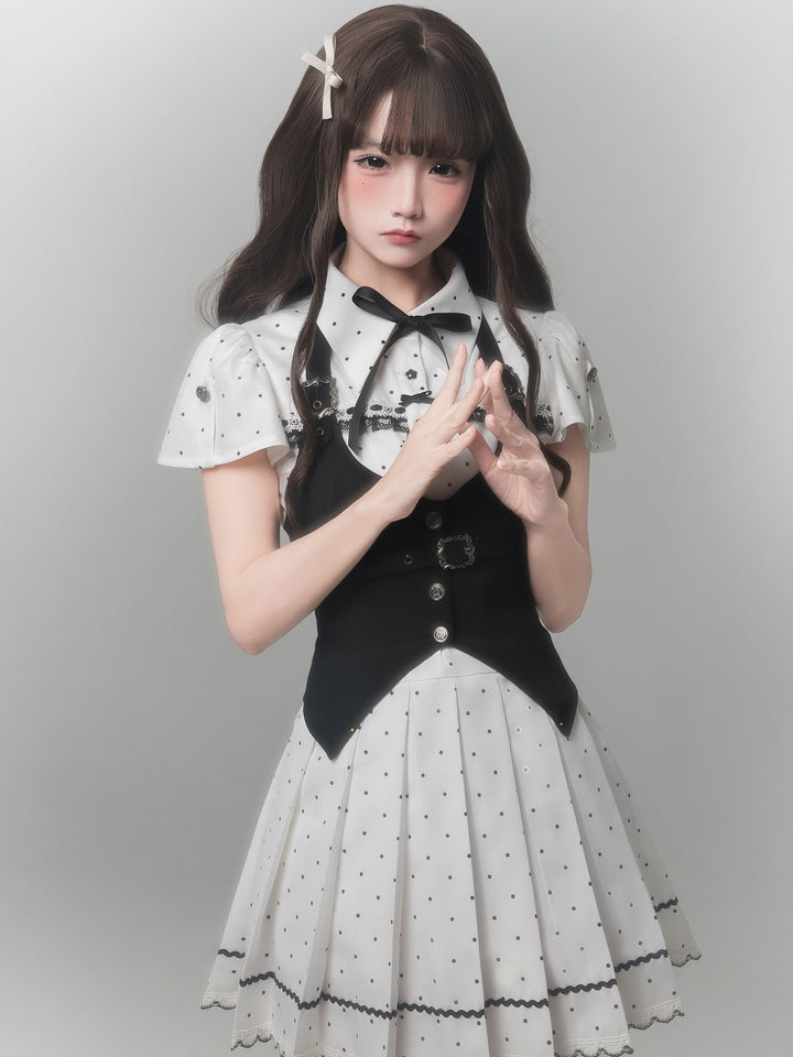 Kawaii Polka Dot Pleated Dress with Black Vest