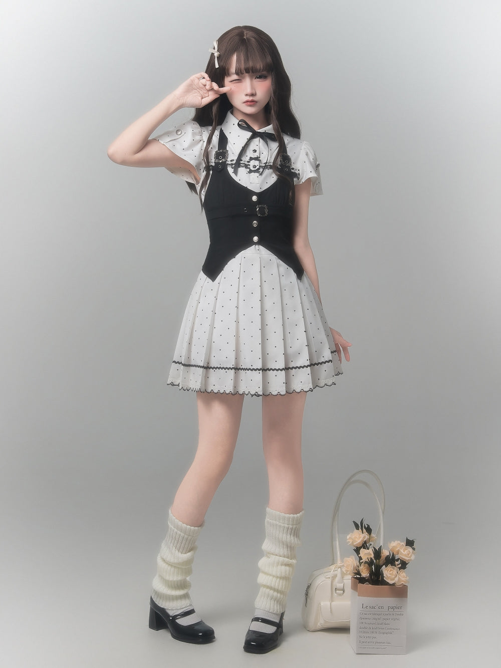 Kawaii Polka Dot Pleated Dress with Black Vest